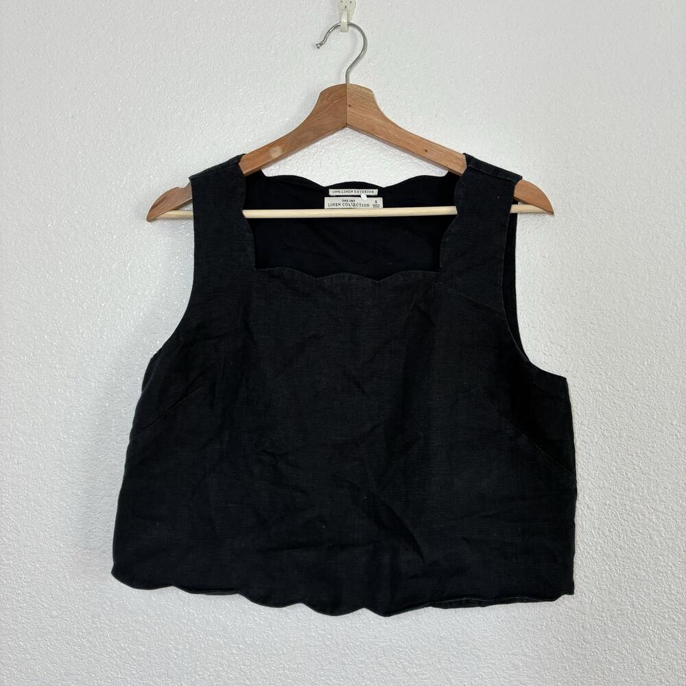 abercrombie & fitch Linen Top Womens Small Black Square Neck Cropped Scallop Hem